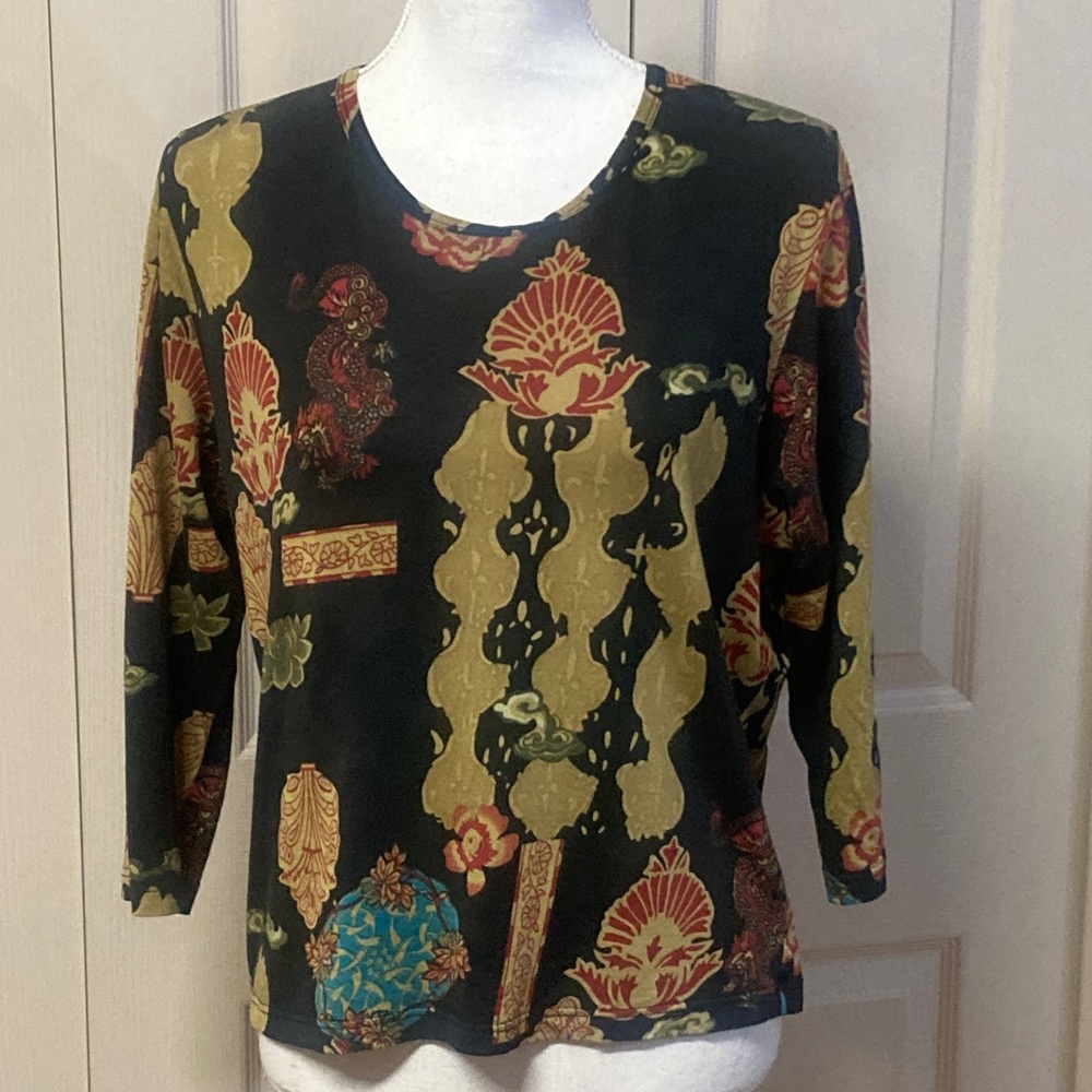 Dolcetti Silk Cotton Top Abstract Asian Inspired Print on Black